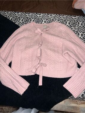 a new day Pink Tie-Front Cable Knit Cropped Sweater